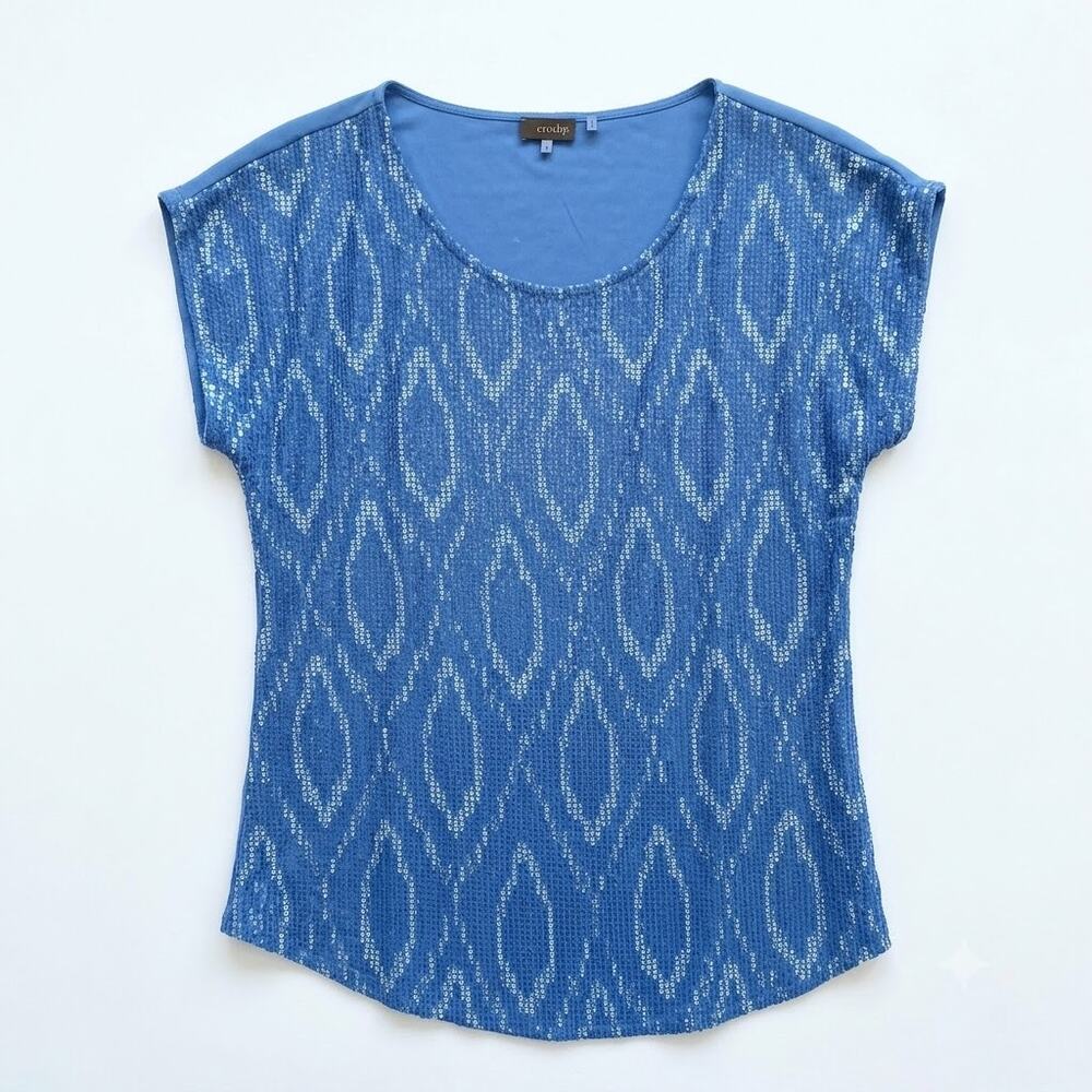 Crosby Sequin Snakeskin Print Top Blue Jersey Stretch Knit Dolman Womens Large